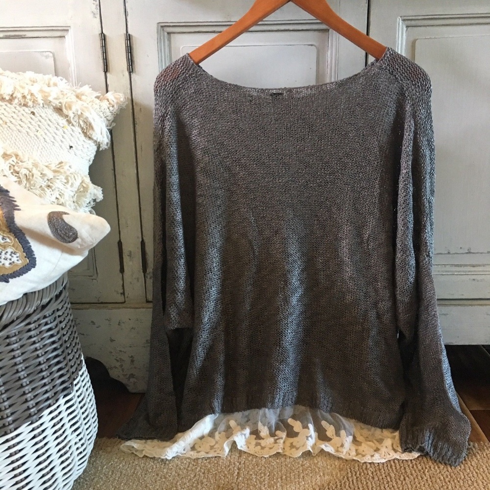 LAST ONE!  Long Sleeve Knit Grey Lace Hem Sweater - Picture 6 of 8